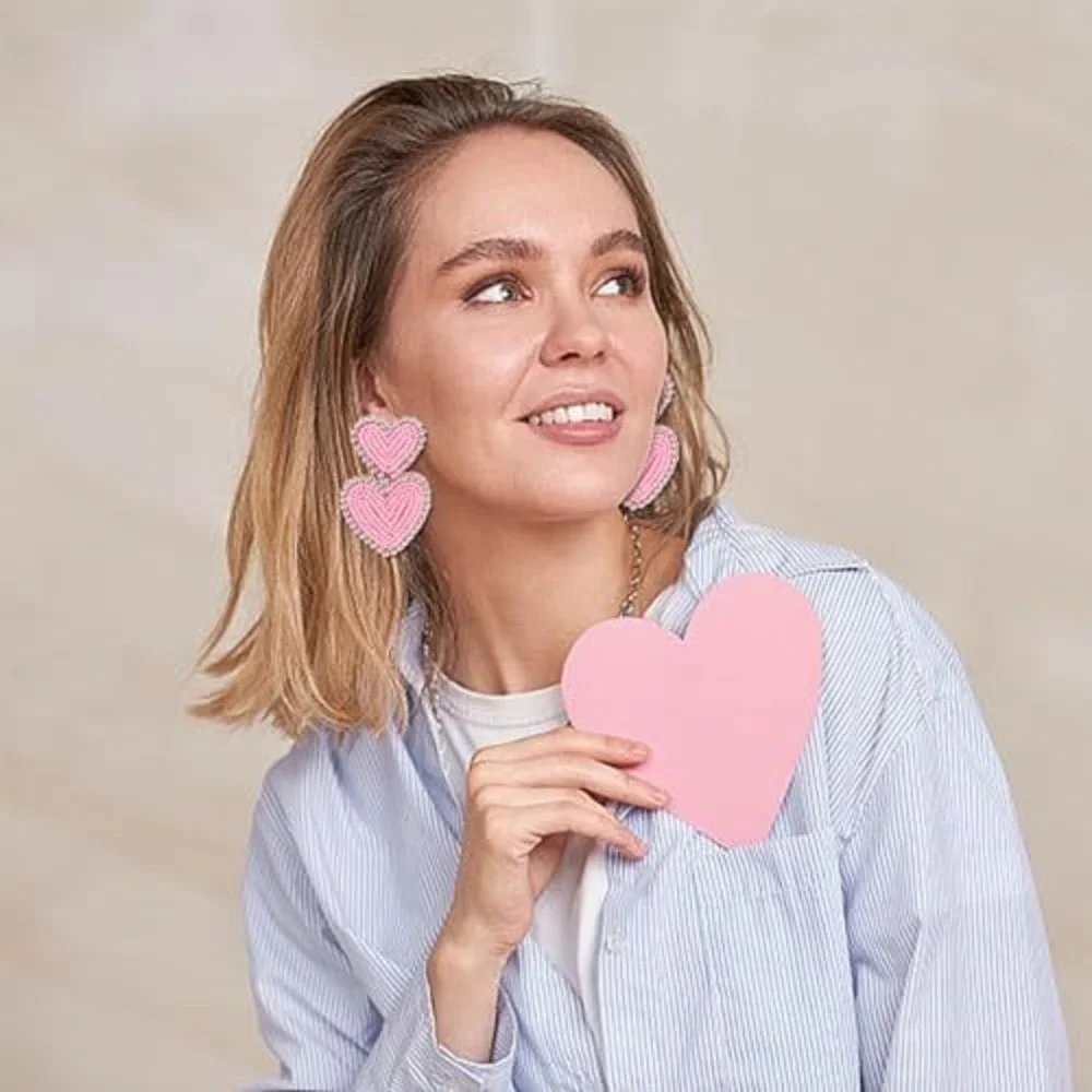 Pink Beaded Double Heart Drop Earrings‎ Rhinestone Border Statement Jewelry